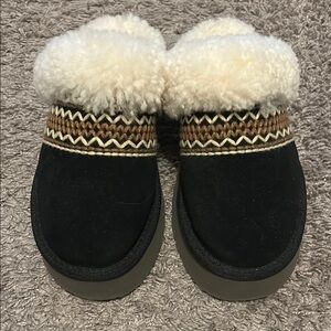 Cozy Black and Brown Slippers with White Fur Trim